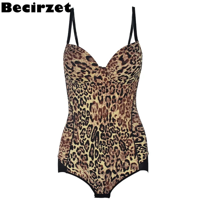 Leopard Print Shapewear Woman Waist Shapers Female Underwear Open Crotch Thong Sexy Lingerie Bodysuit With Cups Push Up