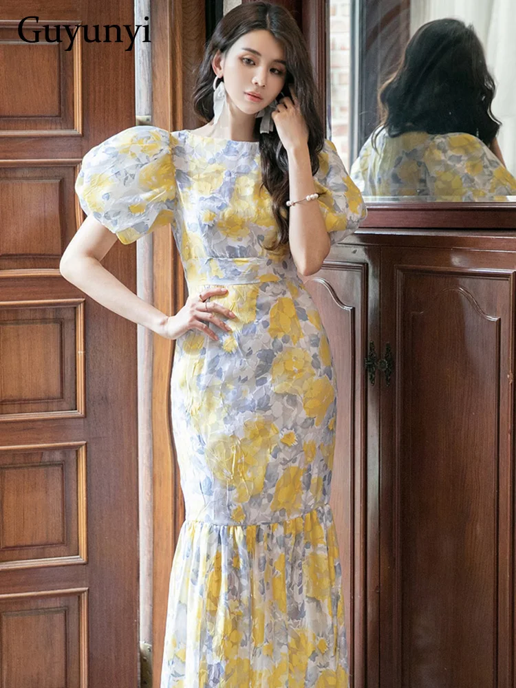 

Elegant Party Dress Summer Floral Printing O-Neck Lantern Sleeve High Waist Slim Fit Fishtail Hem Temperaturet Vintage Dress
