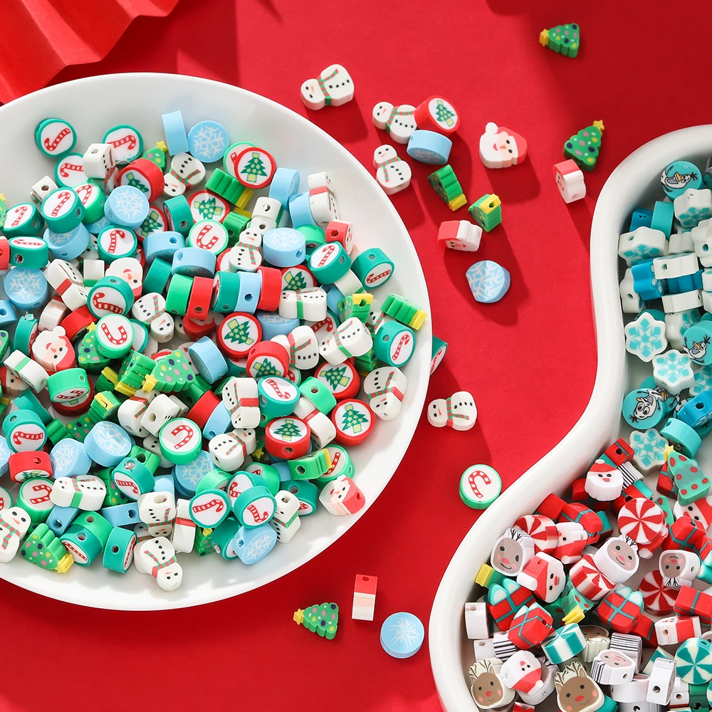 50/100pcs Christmas Clay Beads Snowflake Christmas Tree Spacer Loose Bead for Earrings Necklace Bracelet Jewelry Making Supplies