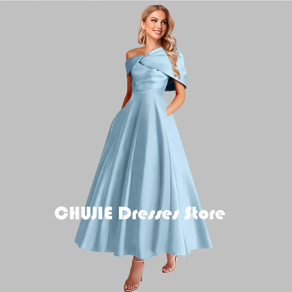 

Light Blue Satin Mother of The Bride Dresses For Woman Off Shoulder Ball Gown With Pocket Customized Wedding Party Evening Dress