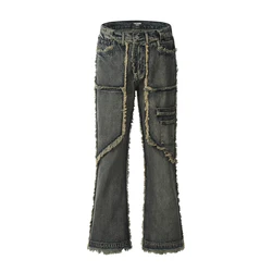 Jean Délavé et Évasé en Denim pour Homme et Femme, Pantalon Slim et Droit, Style Streetwear, Hip Hop, avec Bord Brut, Y2k