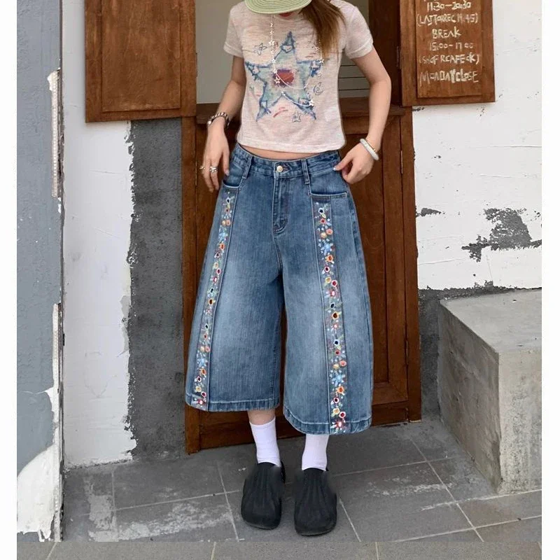 

Vintage Wash Embroidery Y2K Denim Shorts Women Streetwear Distressed Frayed Wide Leg Baggy Jeans Casual Summer pants