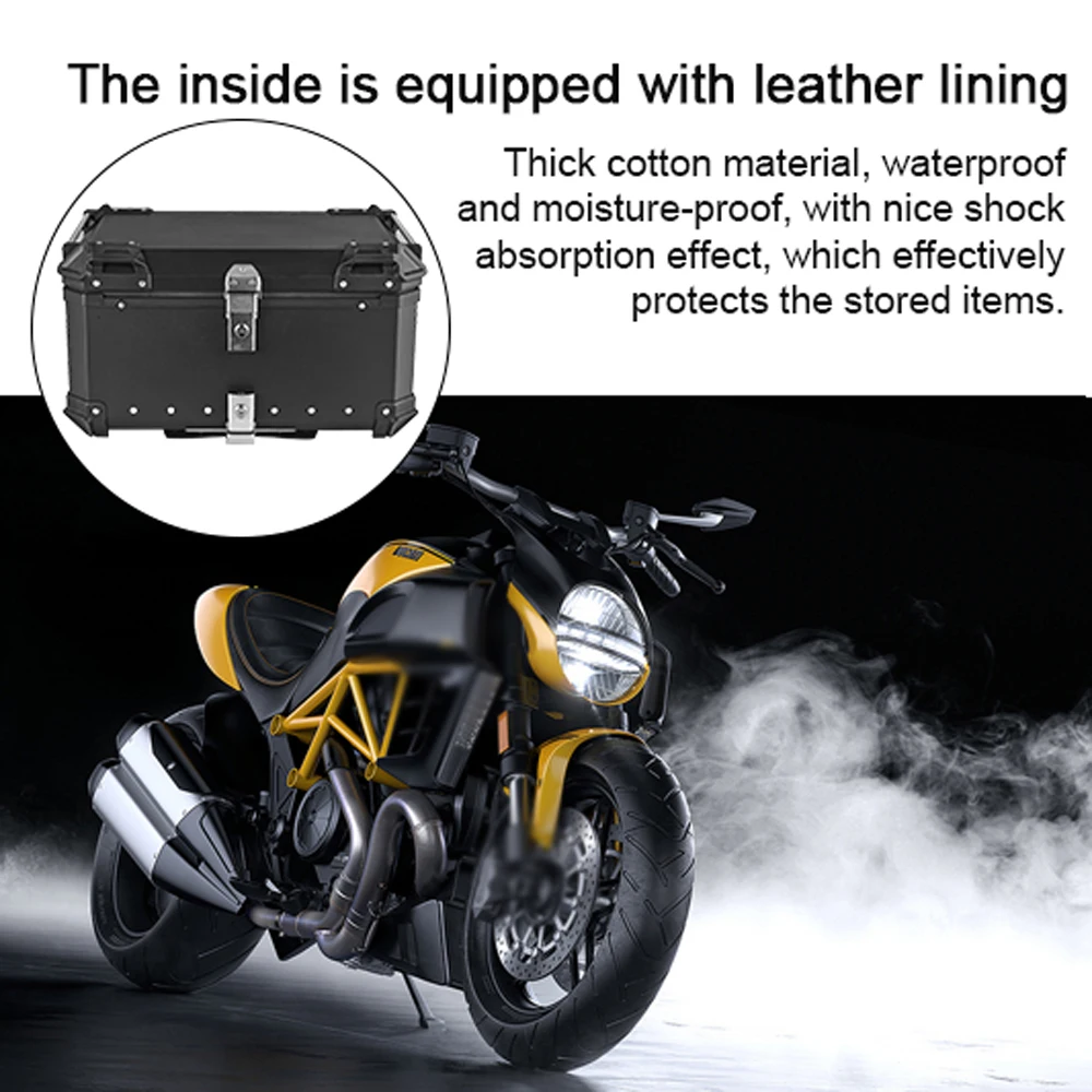 65L Motorcycle Rear Trunk Aluminum Alloy Luggage Case Quick Release Waterproof & Shock Absorption with 2 Keys Reflective Sticker