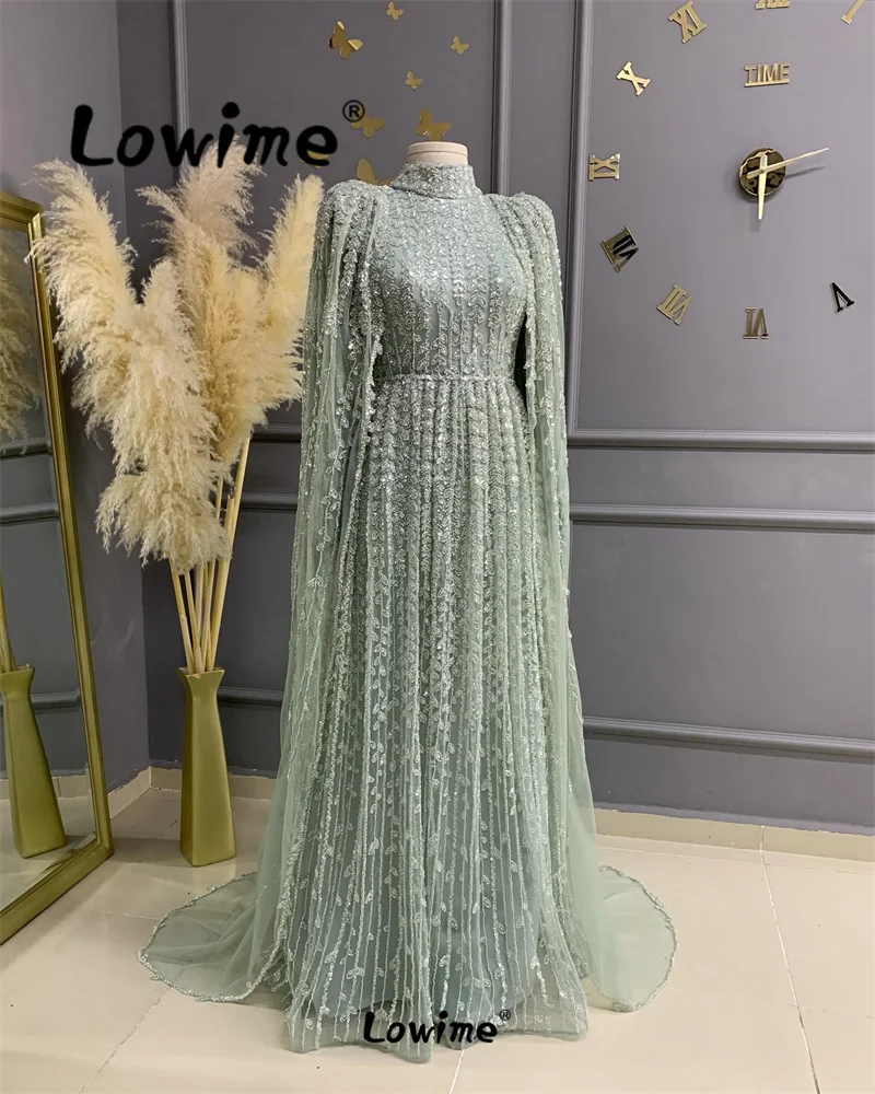 2024 Couture Muslim Formal Mint Green Long Sleeves Arabic Evening Dress Elegant A Line Prom Dresses Cape Party Gowns Customized