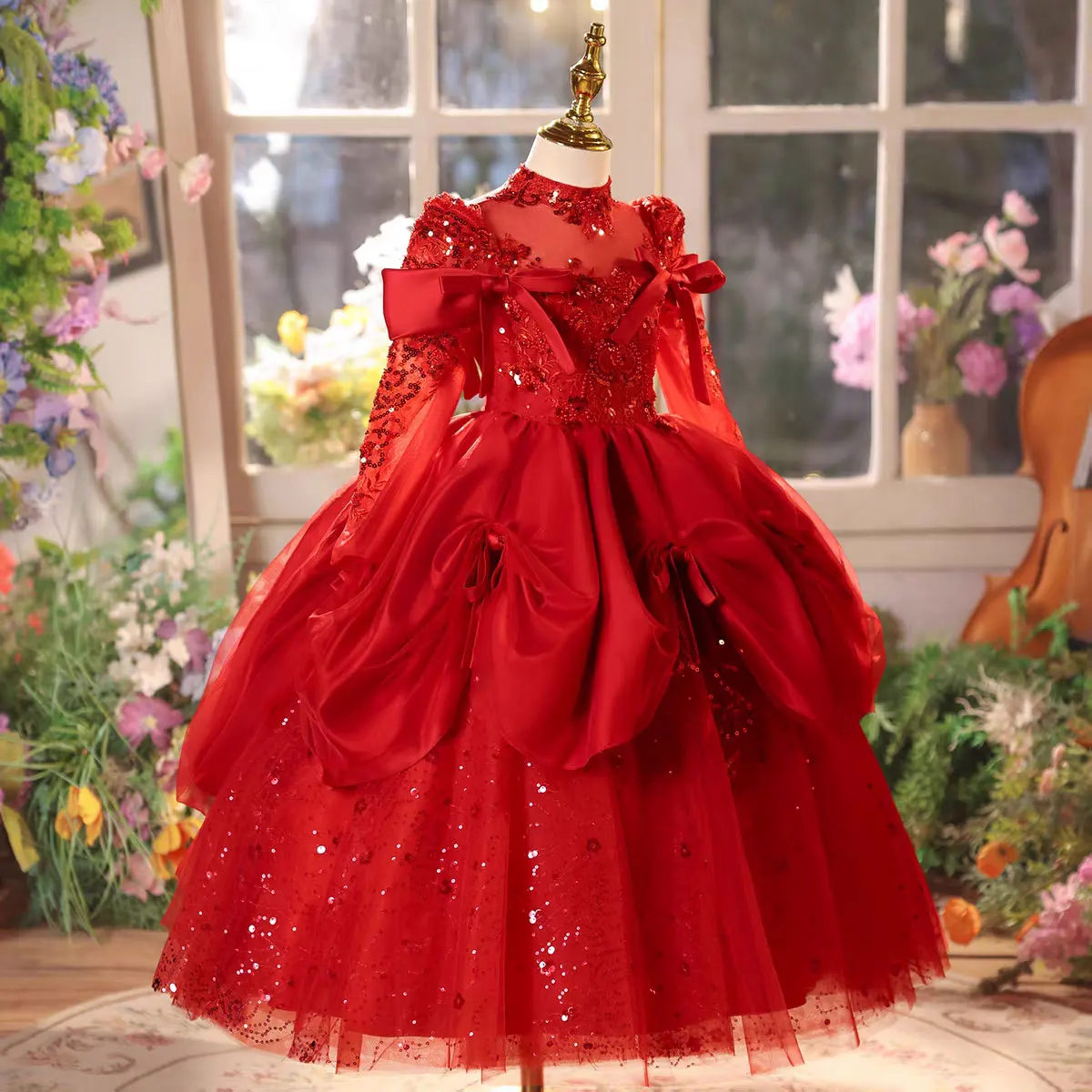 Jill Wish J609 Luxury Red Dress Long Sleeve Sequin Lace Big Bow Ball Gown Flower Girl Festival Birthday Wedding Party Pageant