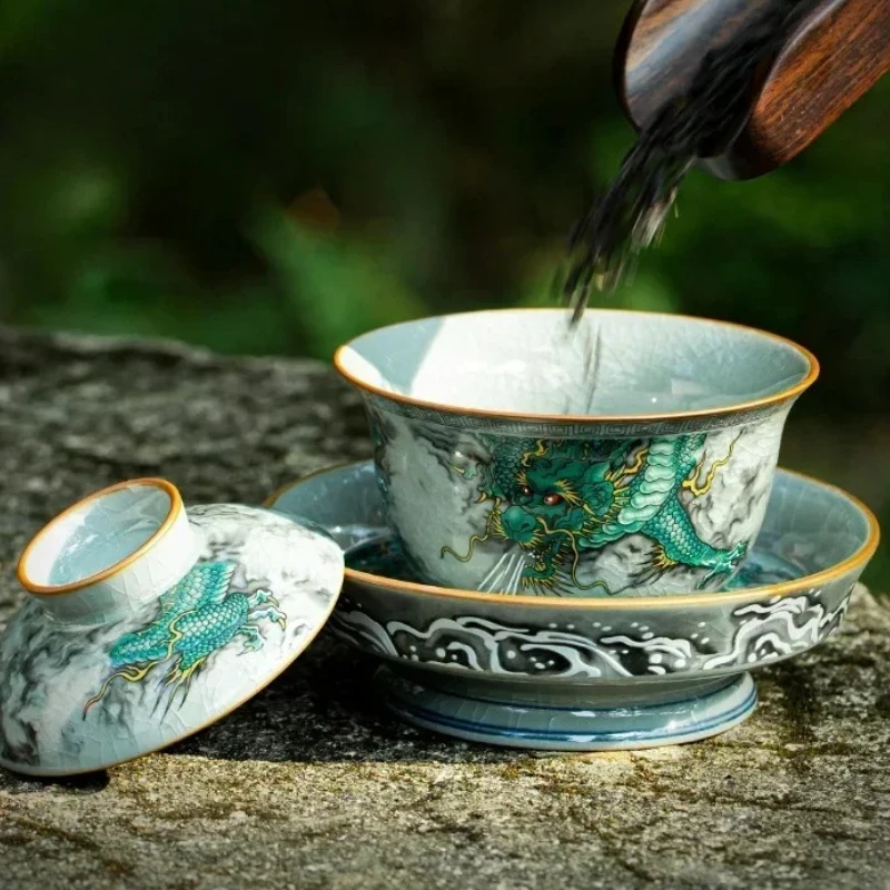 1 Stück Keramik-Gaiwan-Teetasse, chinesische Retro-Handarbeit mit Zeichnungen der zwölf Tierkreiszeichen, Drachenmotiv, hochwertiges Teeset, Geschenk.