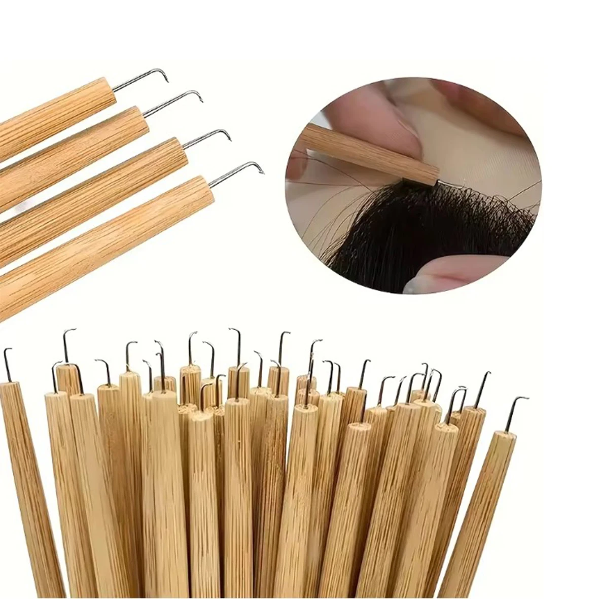 

4 разных размера дышащих игл для вязания париков с длинными деревянными ручками.