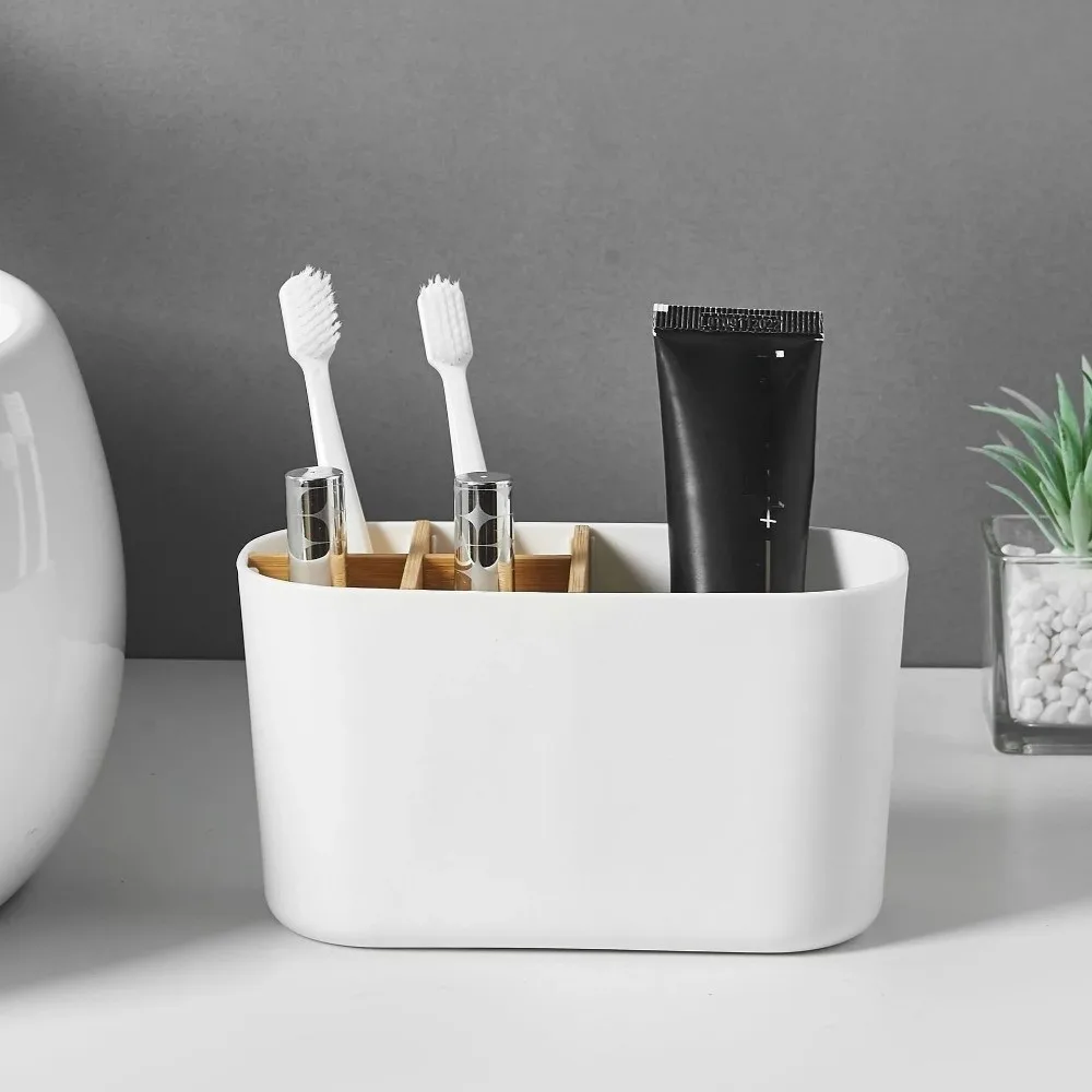Multi-Slot Toothbrush Holder Plastic Toothpaste Storage Bamboo Toothbrush Holder Cosmetic Storage Bathroom Counter Organizer - view 2