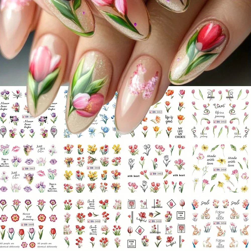 Simple Tulips Flower Nail Stickers 12 Designs Colorful Bouquet Bow Sunflower Water Decals Nail Art Decoration Watermark Florals
