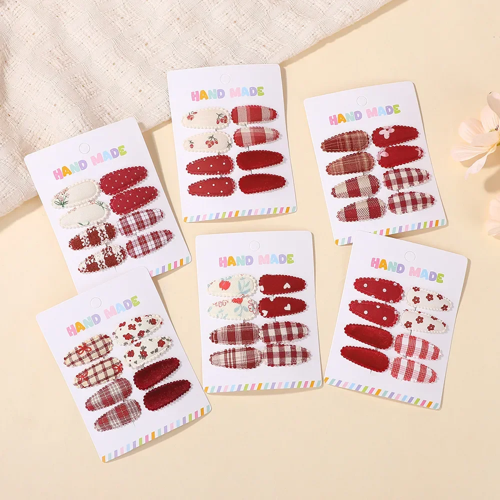 8 Teile/satz Handgemachte Rote BB Haarnadel Set für Mädchen Gedruckt Leinwand Blume Haarspangen Süße Haarspangen Haar Zubehör Neue Jahr