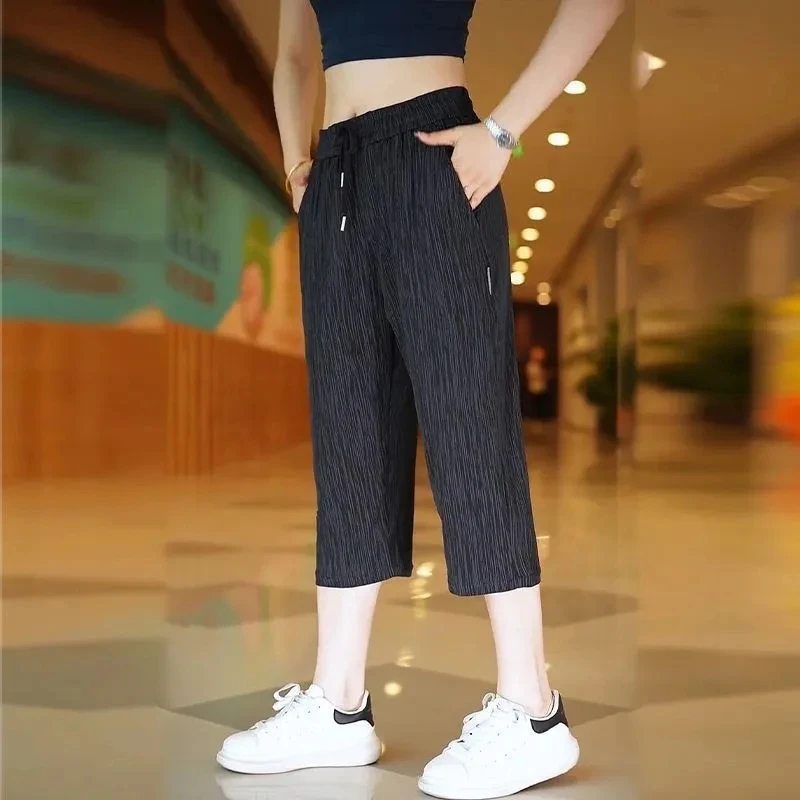 

High Elastici Summer Thin Seven-Foot Pants Men's Sports orts Knee-Length Meteor Stripe Casual Pants Straight Leg Fit