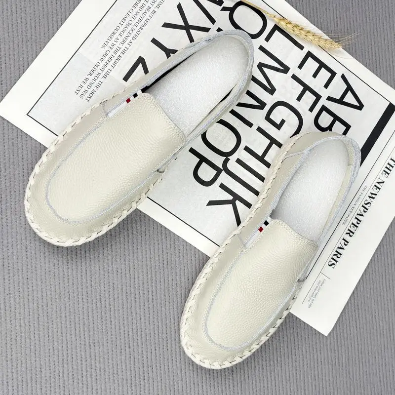 Top Grain Leather Men Moccasins Hand Stitched Breathable Cut Out Summer Driving Shoes Soft Sole Elderly Footwear Sale