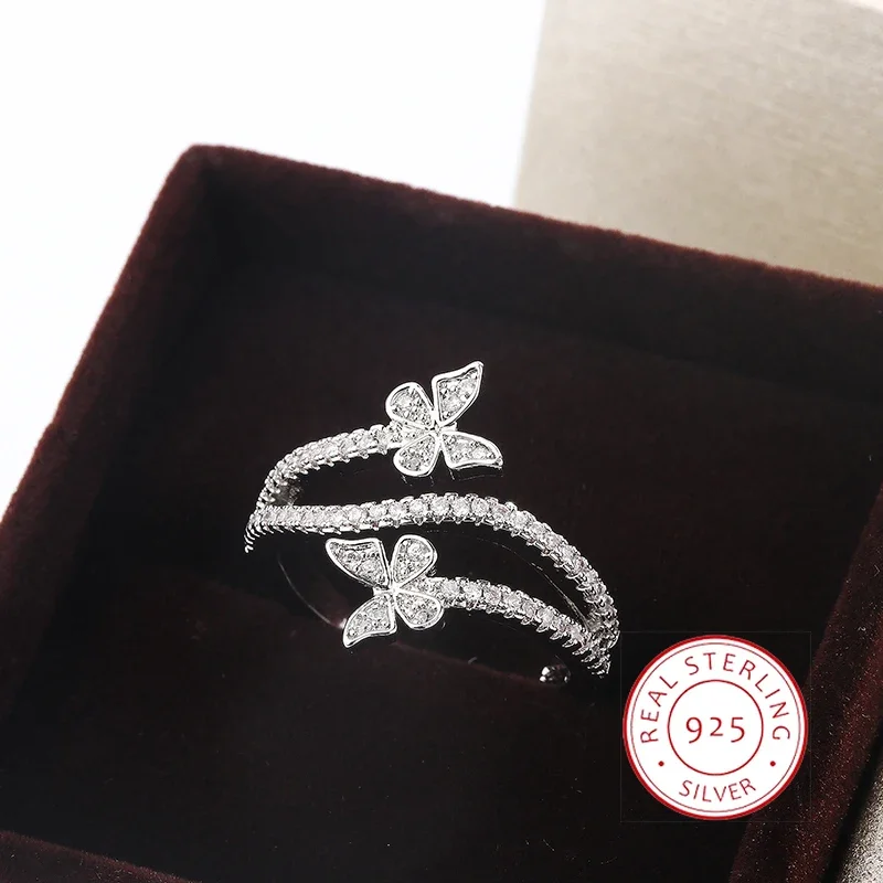 

925 Silver Plated High Quality Niche Design Butterfly White Zircon Ring Women's Party Birthday Jewelry Gift