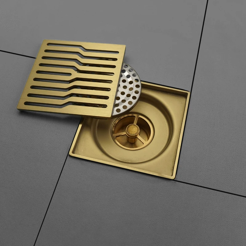 Stainless Steel Floor Drain Shower Room Washing Machine Square Brushed Gold Surface Black Wastes Hair Strainer Trap Floor Drain