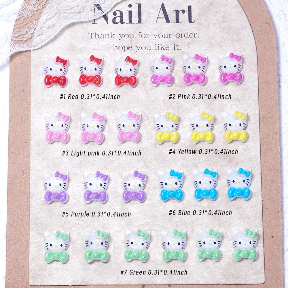 50 Uds. De dijes de uñas de Hello Kitty de dibujos animados, resina roja, rosa, lazo de Hello Kitty, arte de uñas de gato, diamantes de imitación para decoración de manicura Kawaii DIY
