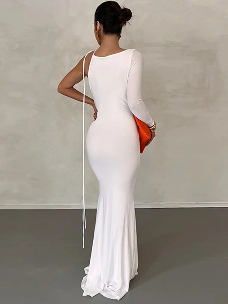 Dulzura Lace Up Long Sleeve One Shoulder Maxi Dress For Women Bodycon Party Elegant Outfits Birthday Evening 2023 Summer