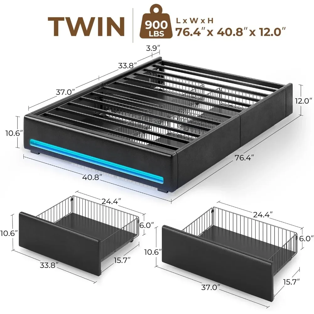 

Bed Frame with 4 Storage Drawers，Charging Station, Upholstered Platform Bed with LED Light, Heavy Metal Slats Support, Bed Frame