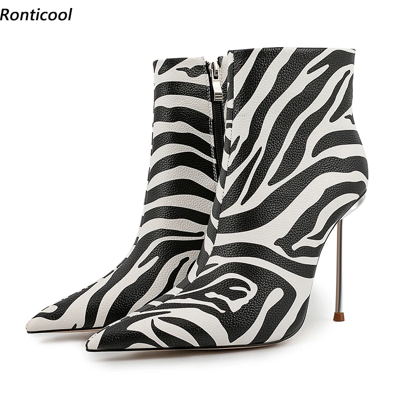

Ronticool Women Winter Ankle Boots Zebra Printted Sexy Stiletto Metal Heels Pointed Toe Pretty Party Shoes Ladies US Size 3-13