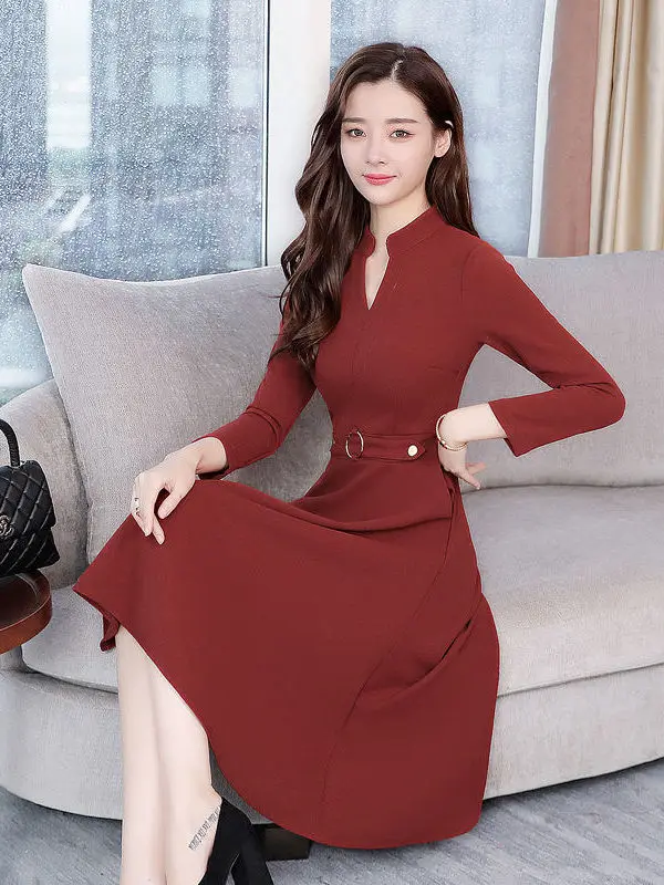 الكورية Sle ألف خط تنورة V-Ne طويلة Sve ميدي ثوب التخسيس ربيع الخريف الموسم عالية الخصر ألياف البوليستر الوقوف صالح