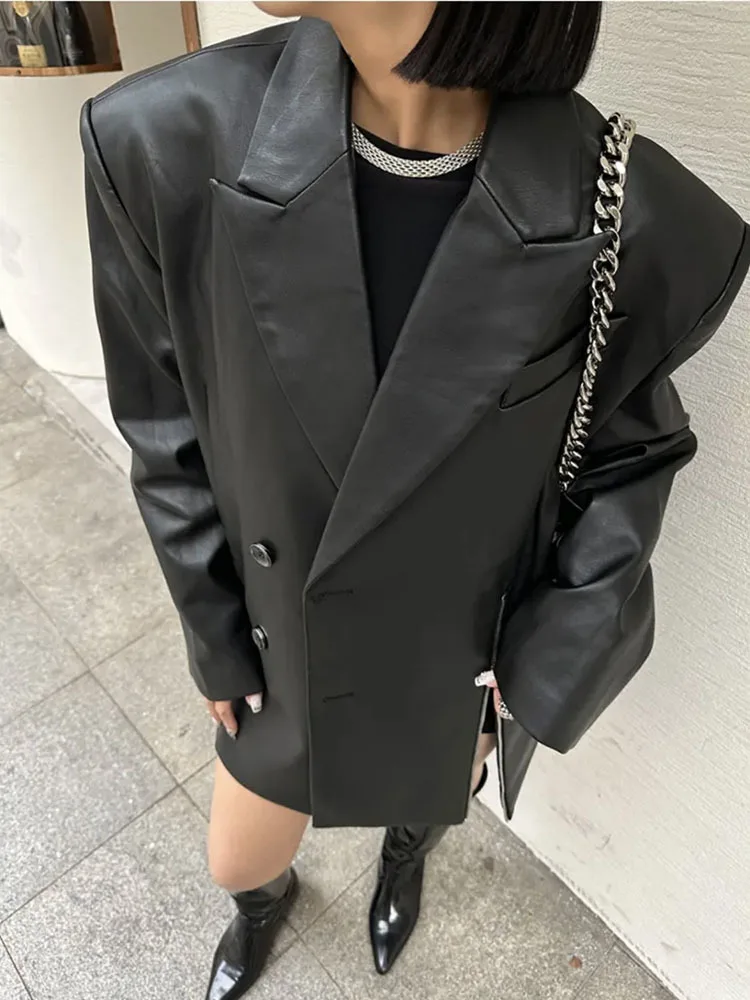 BZVW Spliced Designer Zipper Diagonal Buckle PU Leather Women Coat 2024 Spring Autumn Temperament Versatile Blazer Jacket Female