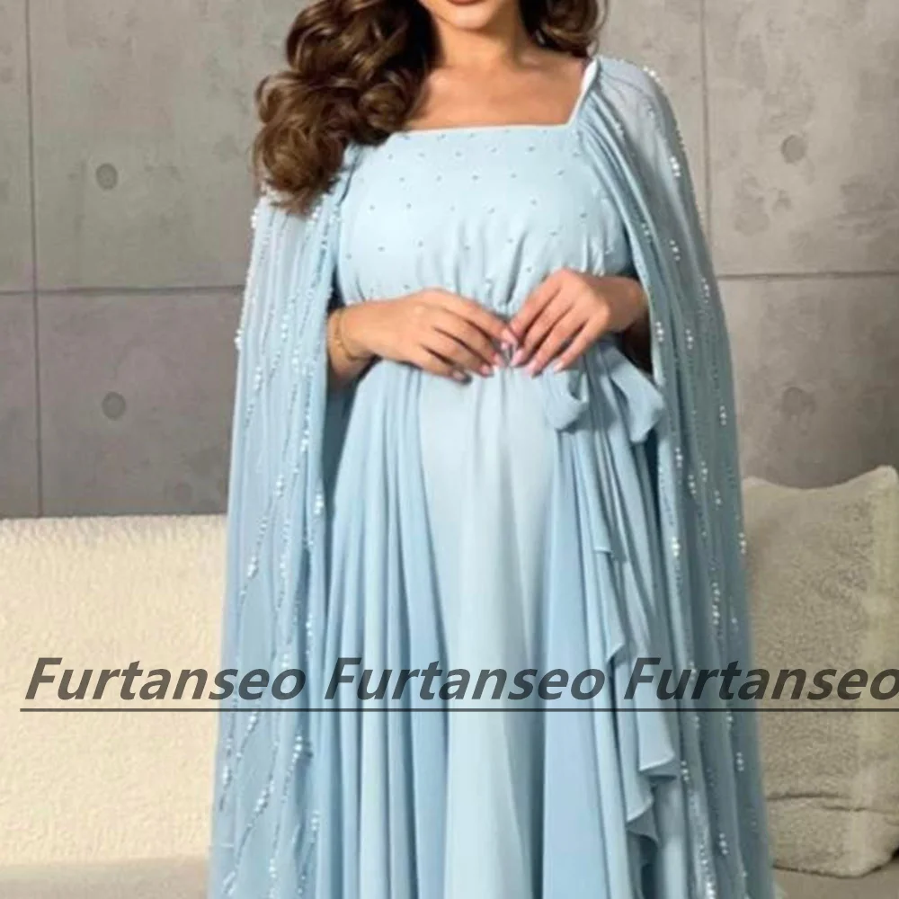 Party Gown Square Neck Shawl Feather Beaded Saudi Arabian Pregnant Women\'s Evening Dress Sheath Dubai Ankle-Length Prom Dresses