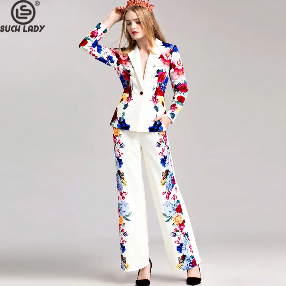 Women's Floral Print Blazer and Wide Leg Pants Suit - Elegant Office to Party Two Piece Set with Vibrant Colorful Flowers Design