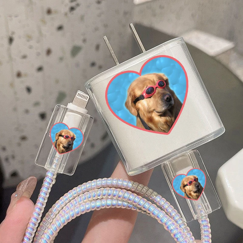 Fun Cute Pet Dog Meme Heart Protection Case for IPhone 15 14 13 Pro Max 18/20W Charger&Charging Protector Data Wire Winder