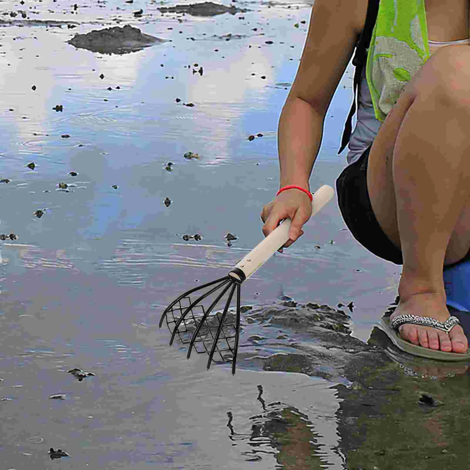 2 pezzi rastrello per vongole pratico accessori da spiaggia portatile per scavo di frutti di mare in metallo rastrelli in legno strumento di conchiglia