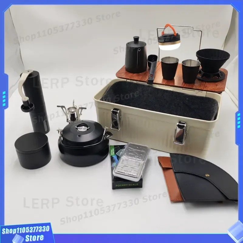 Portable Metal Coffee Storage Box With Wooden Tray Large Capacity Organizer Kit For Outdoor Camping Picnic Travel Essentials