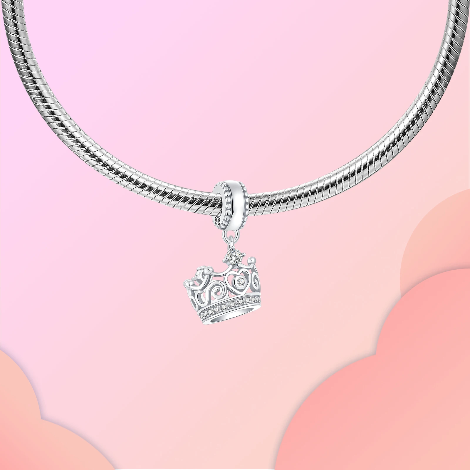 

925 Sterling Silver Royal Crown Dangle Charm CZ Paved & Heart Engraving Fit Bracelets Princess & Romantic Jewelry Gift for Women