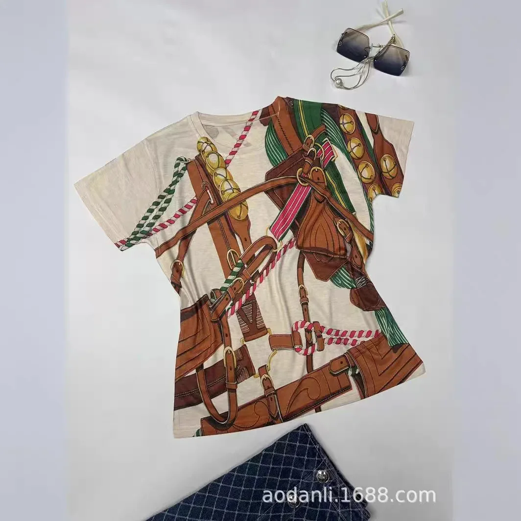 2025 Fashion Printed T Shirts Women Vintage Clothes Classic Style Casual Flower Pattern O Neck Short Sleeve Tops Tee Shirt Femme