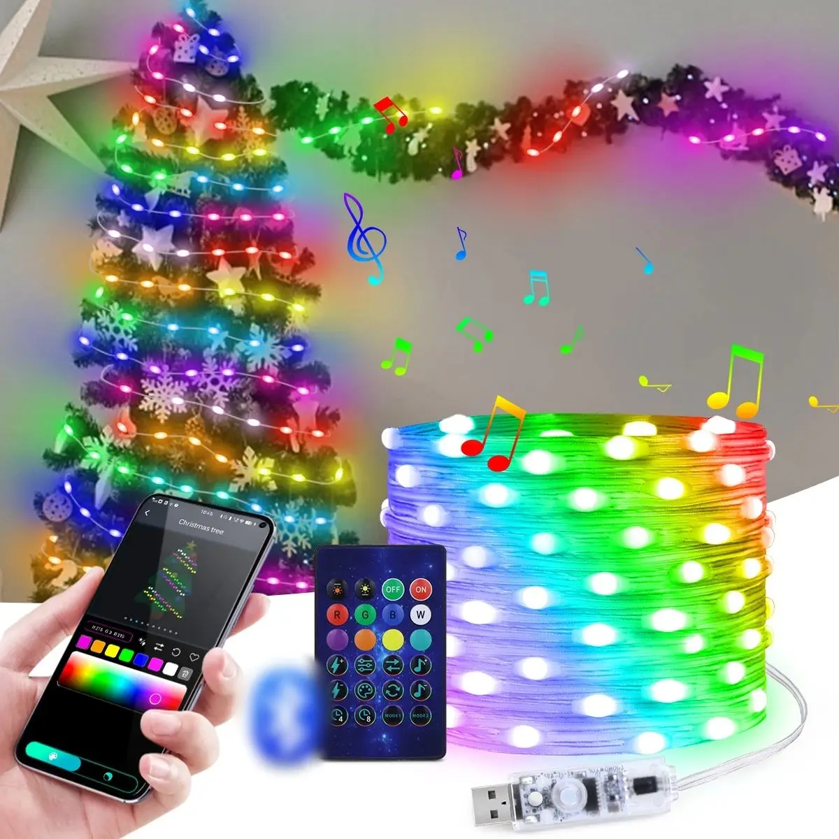 

Многоцветные светодиодные ленты 5 м/10 м USB с дистанционным управлением и управлением через приложение IP67 Водонепроницаемые Рождественский домашний декор для дома в помещении и на открытом воздухе Спальня