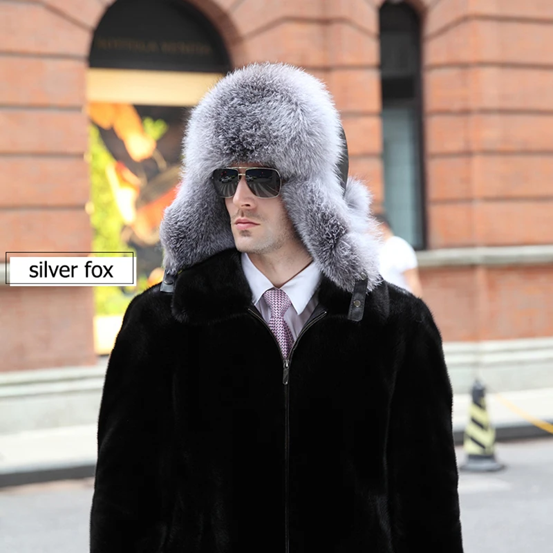 Winter Men's 100% Real Silver Fox Fur Bomber Hat Raccoon Fur Ushanka Cap Trapper Russian Man Ski Hats Caps Real Leather