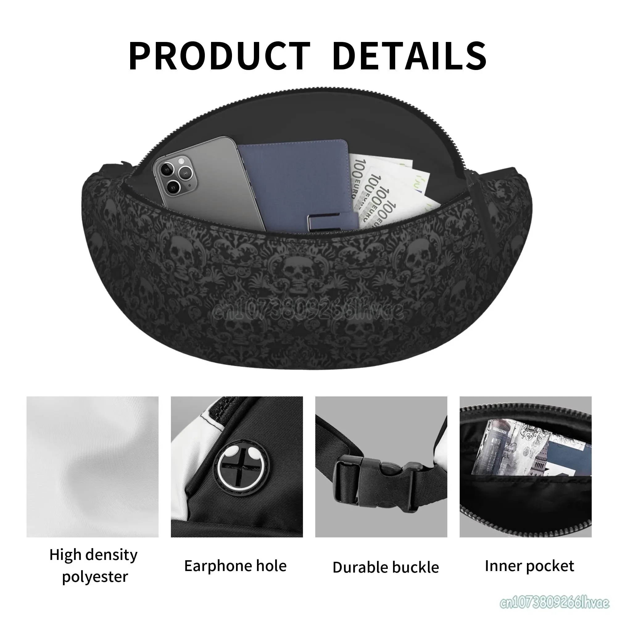 Gothic Black Fanny Pack para homens e mulheres, Bolsa de cintura com cinto, bolso ajustável Sling, Bolsa de ombro crossbody, Damasco crânio