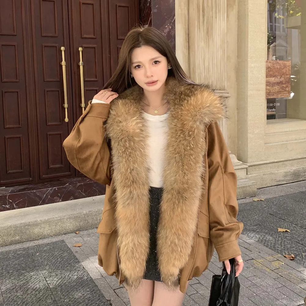 Chaqueta de piel de invierno para mujer, chaqueta acolchada con cuello de piel de zorro auténtica grande, Parkas holgadas y cálidas, abrigo de plumas de ganso para mujer