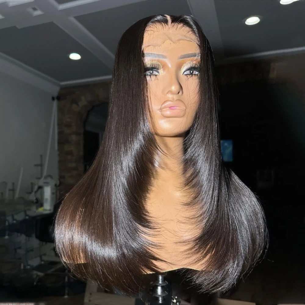 Straight Lace Front Wigs Synthetic Layered Cut Natural Black /Reddish Brown Inner Buckle Lace Frontal Wigs For Black Women