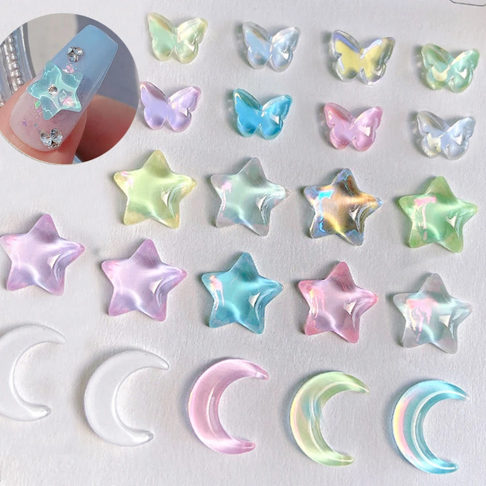 

10Pcs Crescent Moon Nail Art Charm 3D Resin Ice Clear Crystal Butterfly Moon Star Nail Art Decorations DIY Manicure Accessories