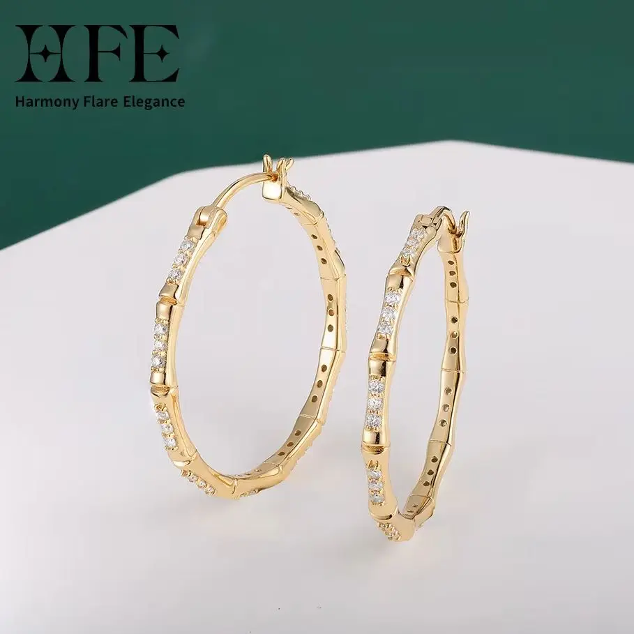

HFE Mossanite Creative Bamboo-Shaped Women's Hoop Earrings 925 Sterling Silver with K Gold Plating Valentine's Day Birthday Gift