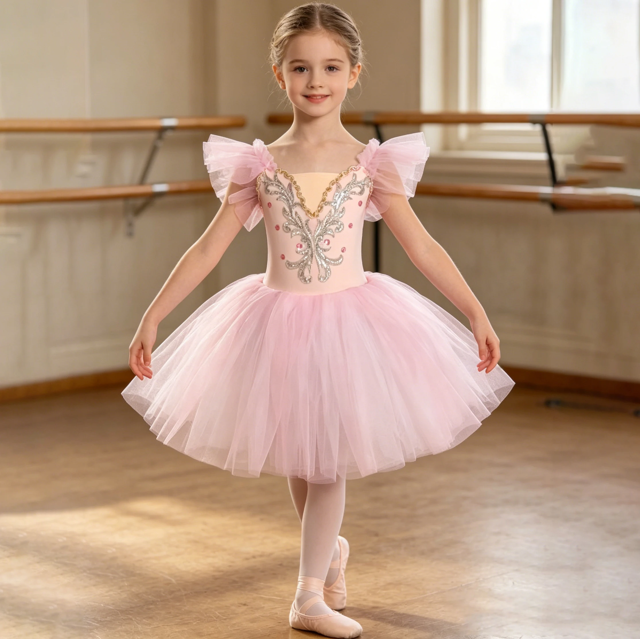 

Ballerina Party Dress Children Dance Costumes Fly Sleeve Embroidery Diamond Gauzy Professional Romantic Tutu Ballet Dress
