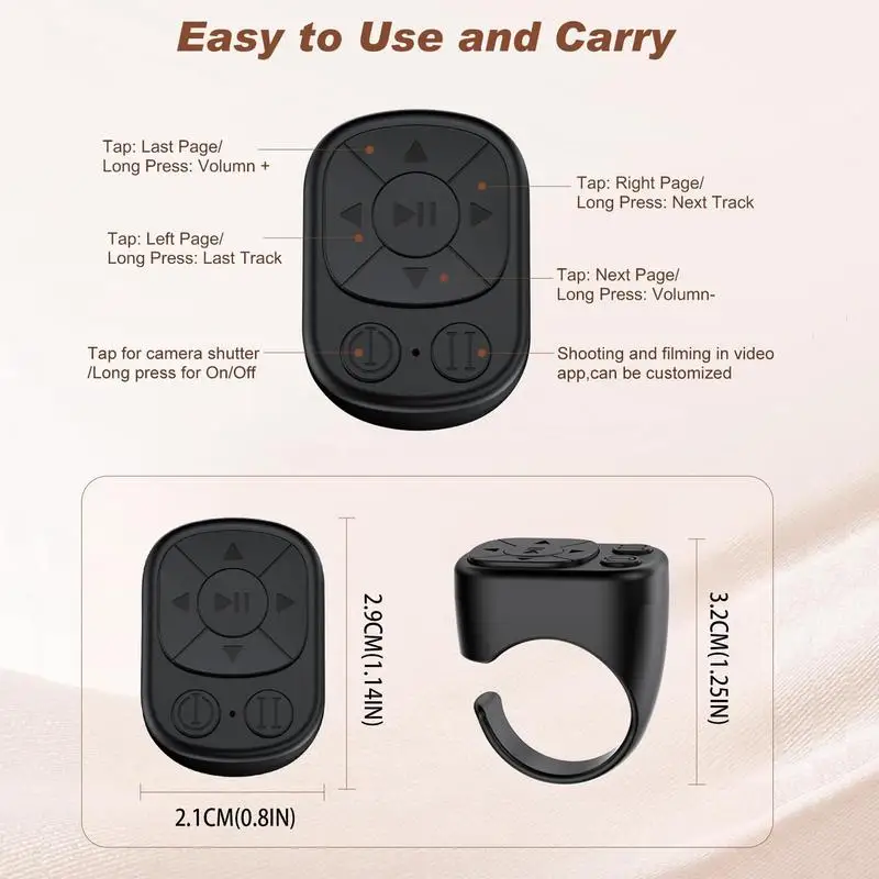 Bluetooth Control Ring: Page turner, camera shutter, video & music remote. iOS/Android compatible.
