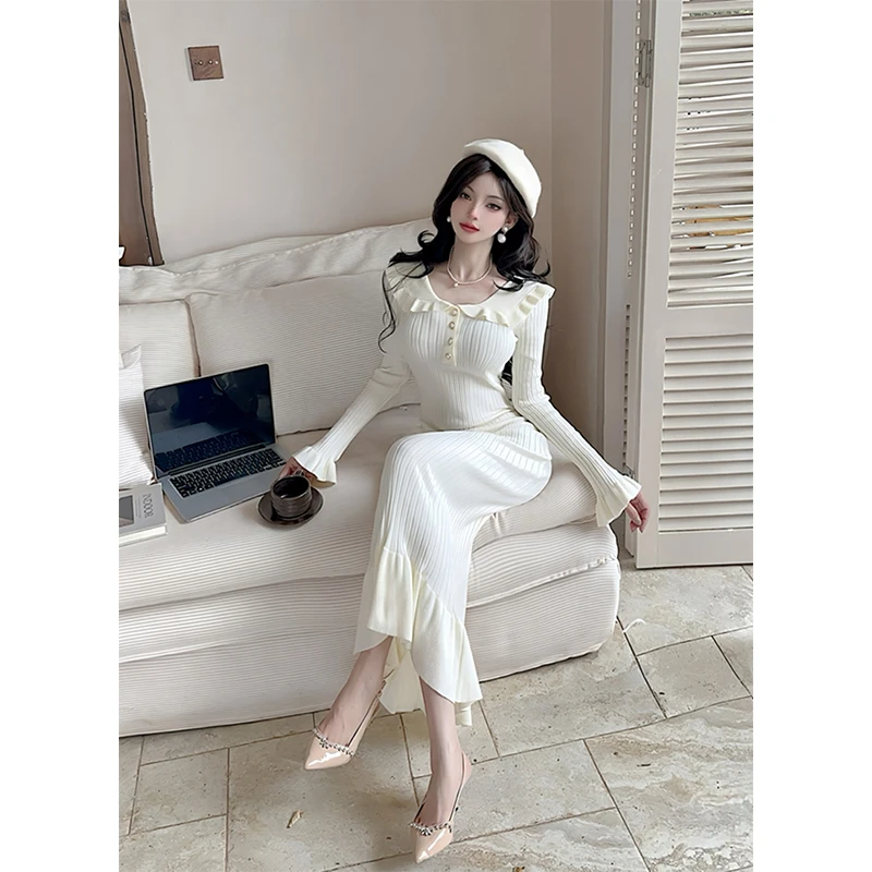 MEXZT Elegant Black Knitted Midi Dress Women Vintage Patchwork Red Mermaid Dresses Winter Korean Bodycon Design Trumpet Vestidos