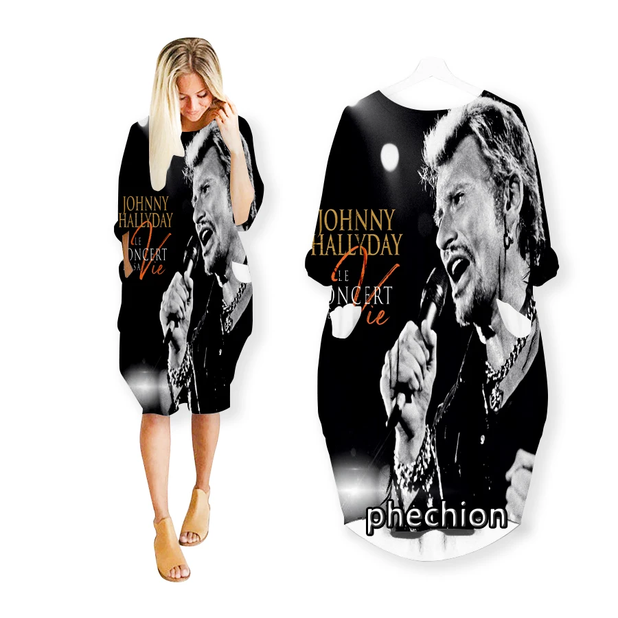 phechion New Johnny Hallyday 3D Print Fashion Dresses Casual Mid-length Dress Women Clothing Pocket Long Sleeve Tops T05