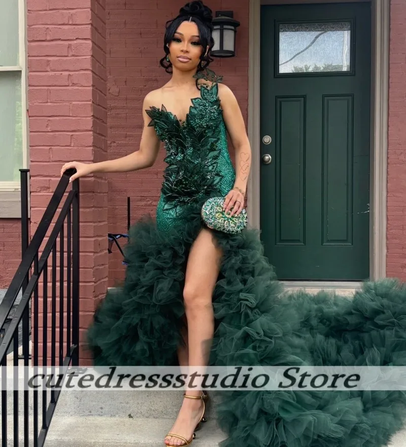 

Sexy Green Mermaid Split Prom Dress For Girls Charming Sleeveless Tiered Ruffles Wedding Evening Party Dresses 2026 Customized
