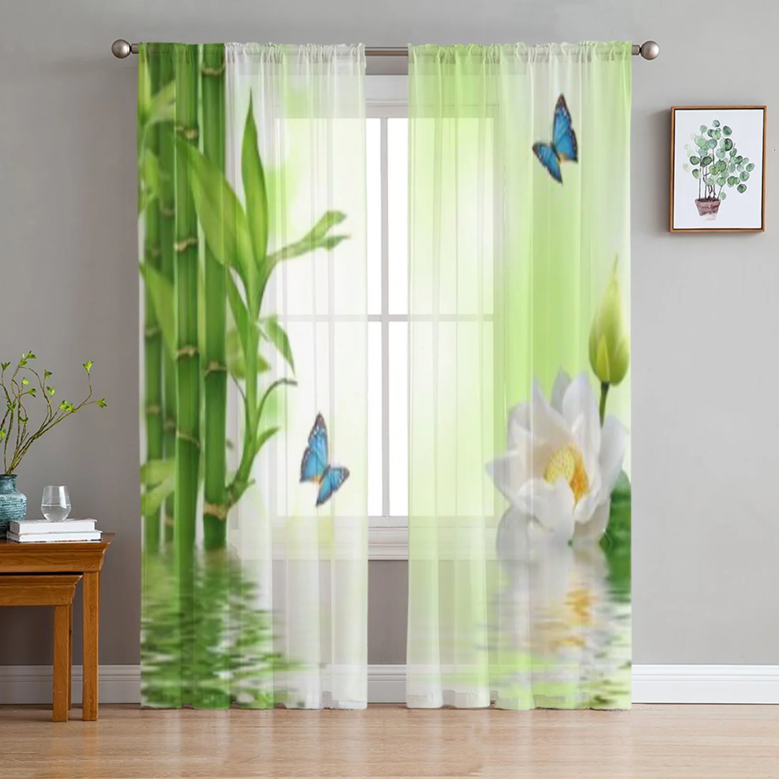 Tropical Butterfly Bamboo And Lily Tulle Curtains For Living Room Decoration Modern Veil Chiffon Curtains Bedroom Sheer Drapes