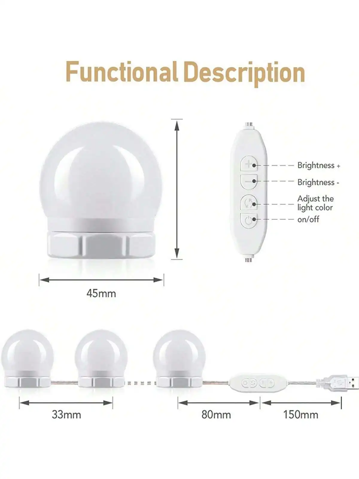 1 Set of Vanity Lights, Egg-Shaped Lights, Makeup Lights, No-Drill Adhesive Mirror Front Lights, 10 Led Adjustable Three-Color Lights (Without Mirror), Hollywood Style Bedside Lights, Usb-Powered Night Lights, Girls' Night Lights, Suitable for Room Decoration, Closet Lighting, Birthday Decorations, Valentine's Day Gifts