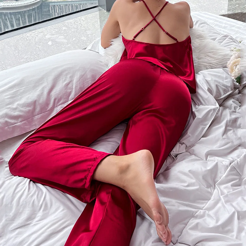 Suspenders Pants Pajamas Womens IceSilk Pajamas Sleepwear Home Clothes Slight Stretch Solid Color All Seasons Wear