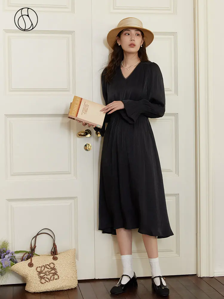 DUSHU French Retro Women Mid-Length V-Neck Dress Simple Temperament Commuter Glazing Swing Skirt Women Solid Waist Dress