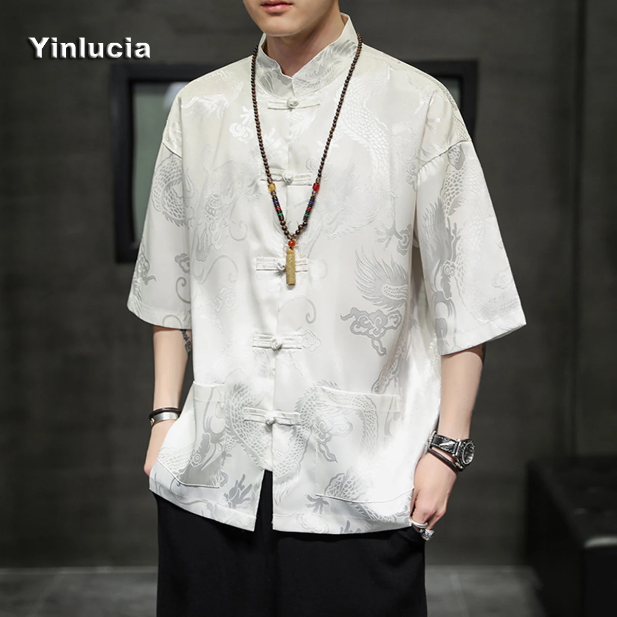 Shirts Traditional Chinese Frog Buttoned Shirt Chinese Style Tang Tee Summer Thin Cool Ice Silk Stand Collar For Man Neutral