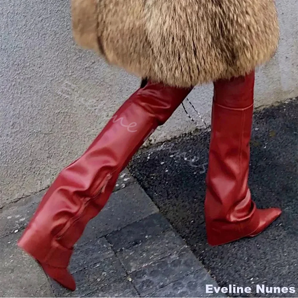 

2025 New Pointed Toe Fashionable Over The Knee Boots Women Red Leather Side Zipper Knight Boots Retro Street Style Foldable Boot