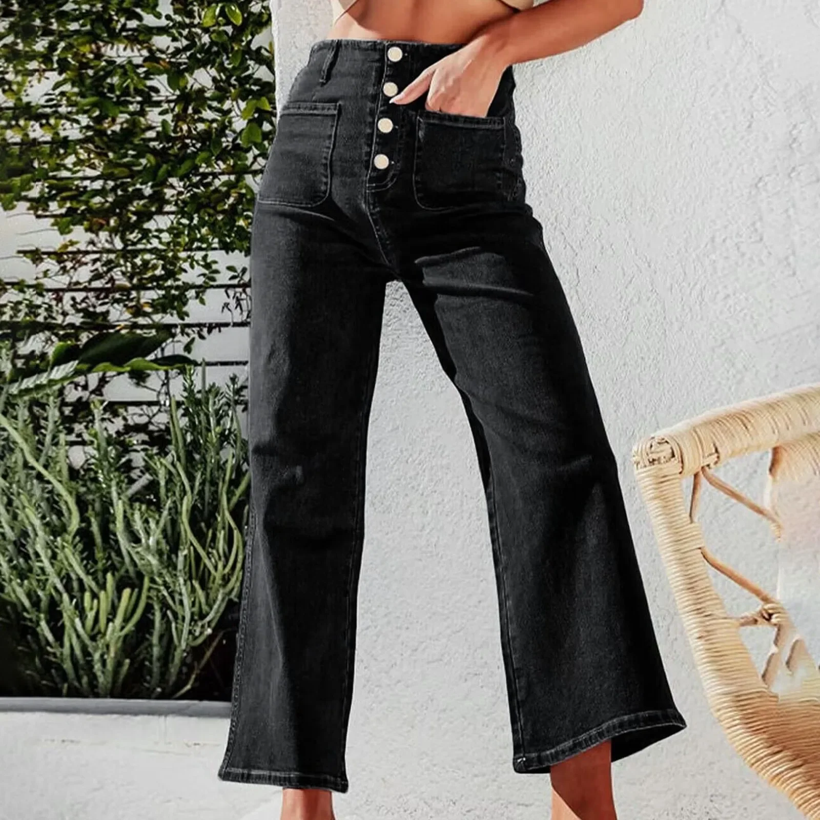 Nouveau pantalon en Denim décontracté taille haute pantalon droit à jambes larges femmes couleur unie coupe ajustée pantalon de mode avec bouton